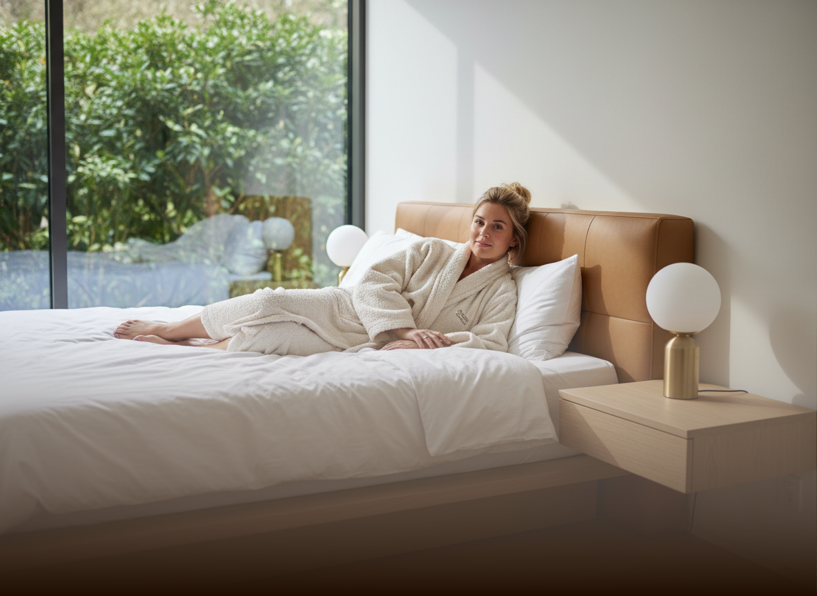 Woman in a robe lying on a bed in a modern bedroom with a lamp and window.